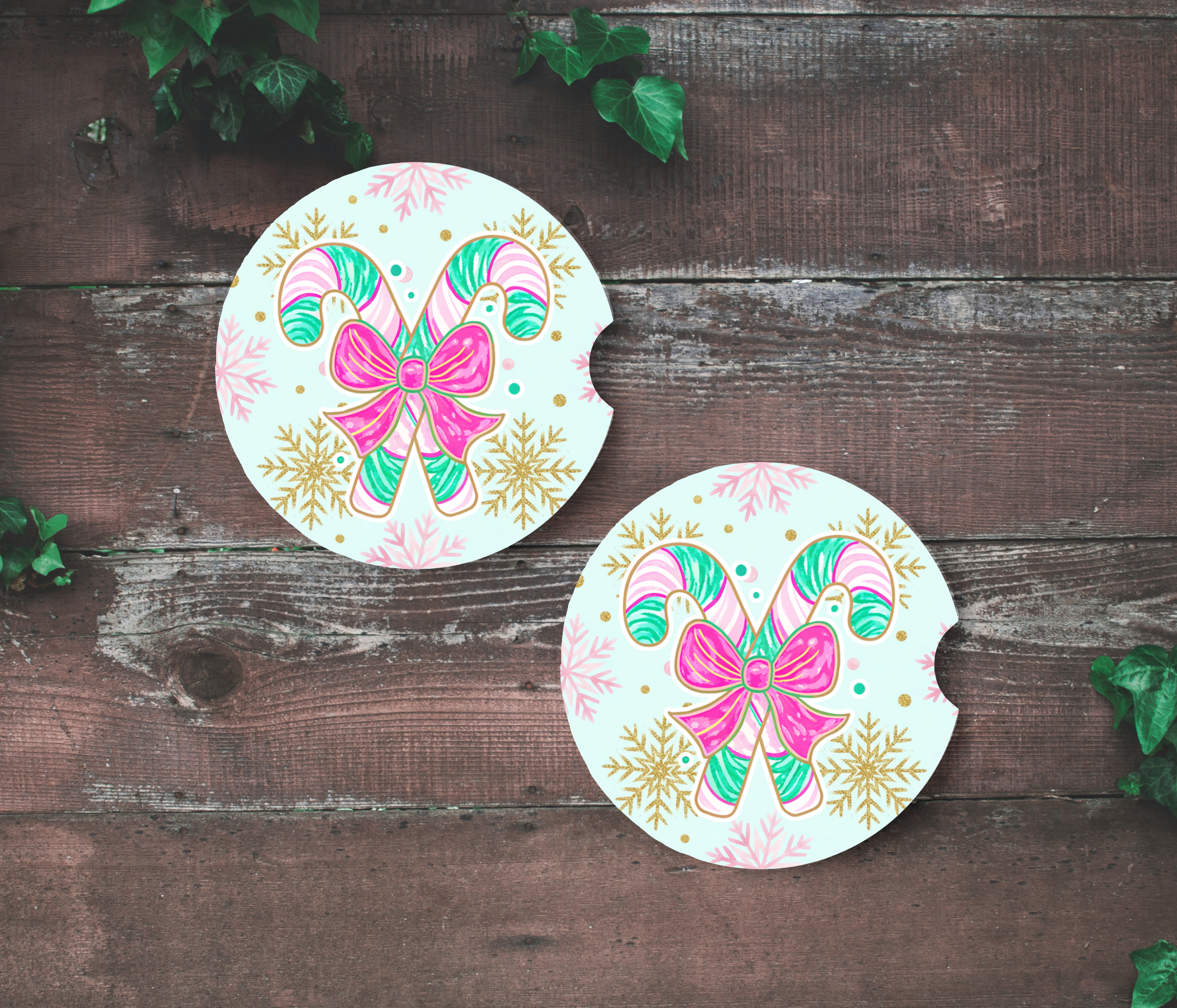 Candy Cane Bow Car Coasters | Pink Christmas Car Accessories | Holiday Sublimation Cup Holder Coaster Set | Cute Car Gift