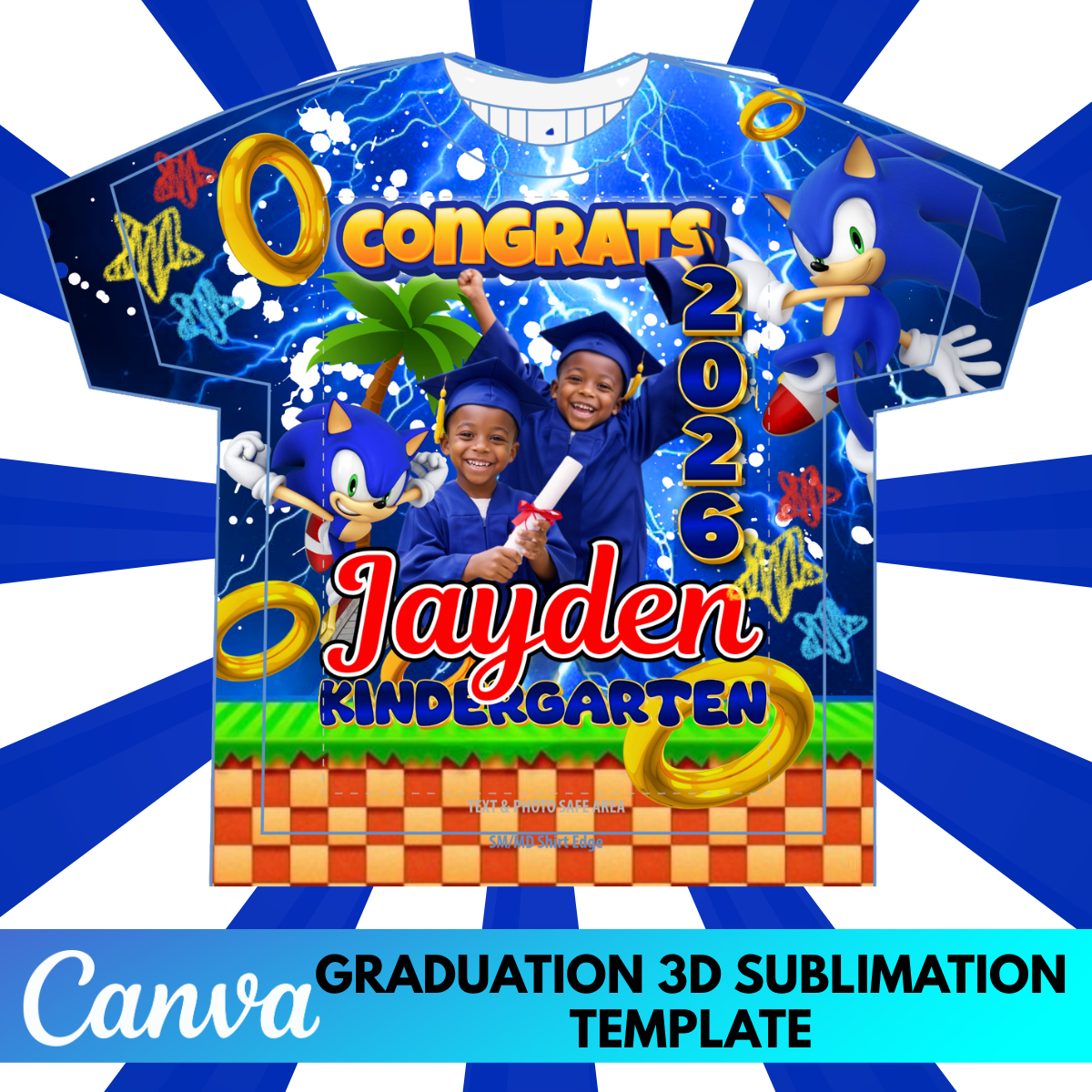 Boys Graduation Shirt Template Canva | Cartoon Game Style Grad Design 2026 | Editable Kids Sublimation T-Shirt Template PNG