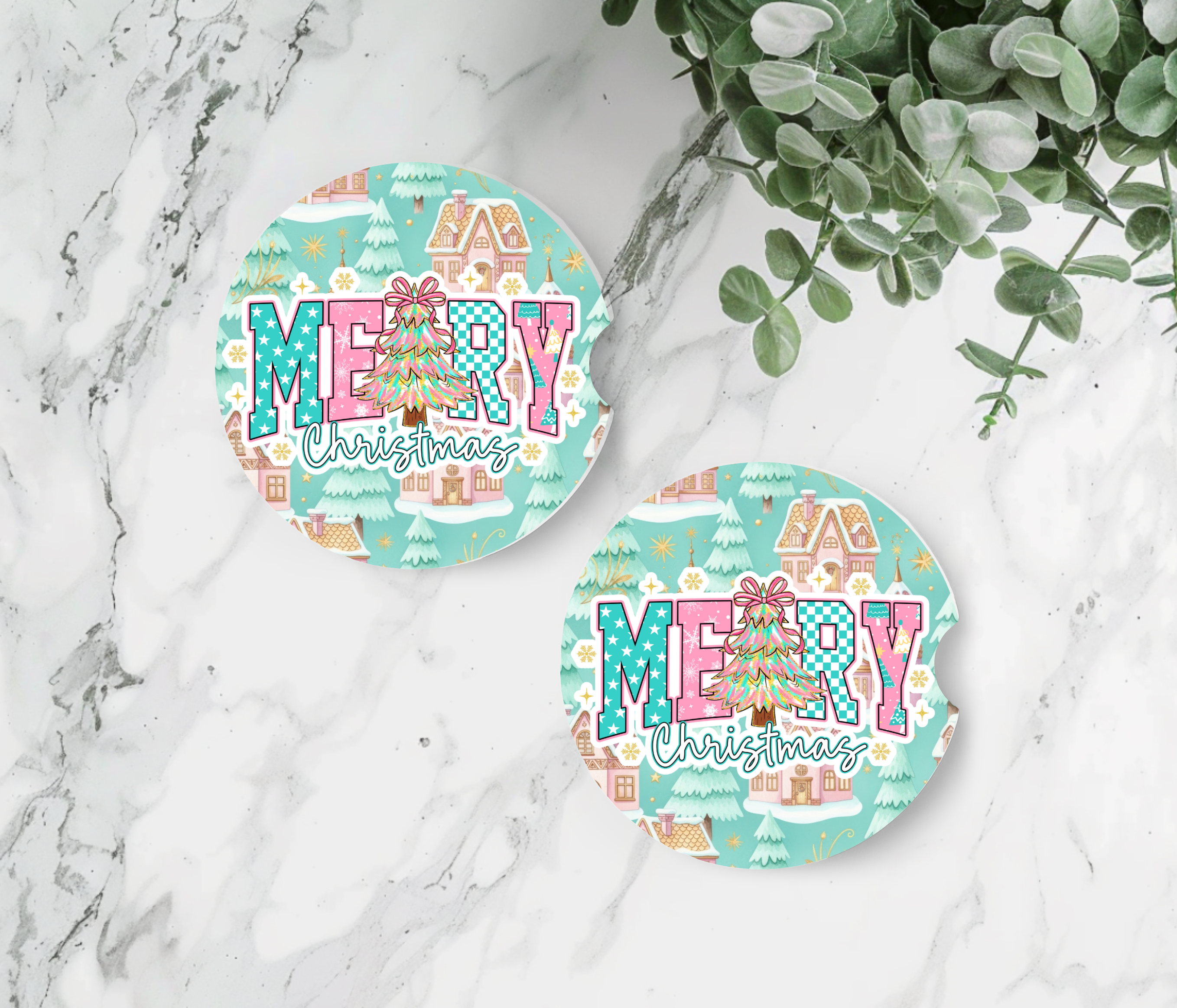 Merry Christmas Car Coasters | Gingerbread Village Car Accessories | Sublimation Cup Holder Set | Holiday Gift for Her | Cute Car Décor