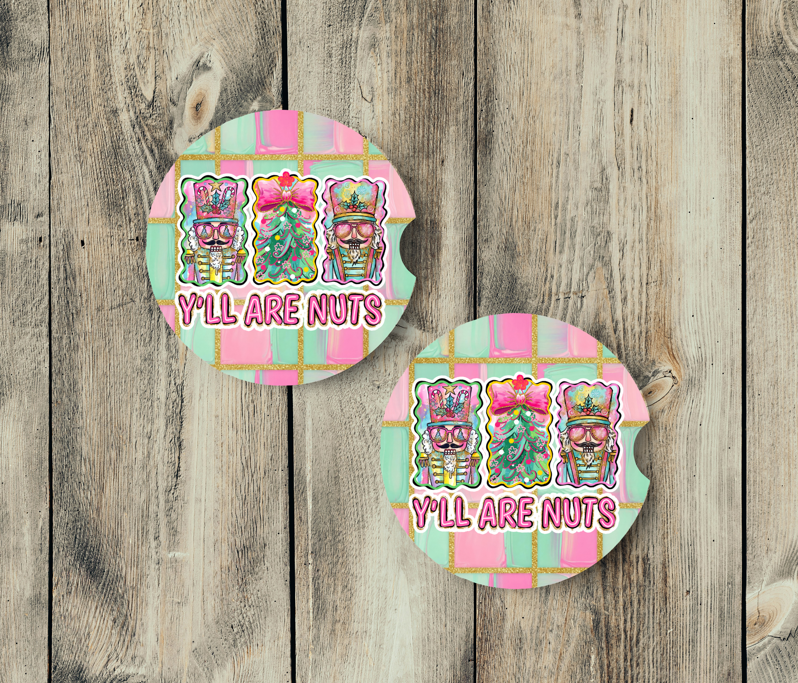 Y’all Are Nuts Car Coasters | Funny Christmas Car Accessories | Nutcracker Car Coaster Gift Set | Pink Holiday Cup Holder Coasters