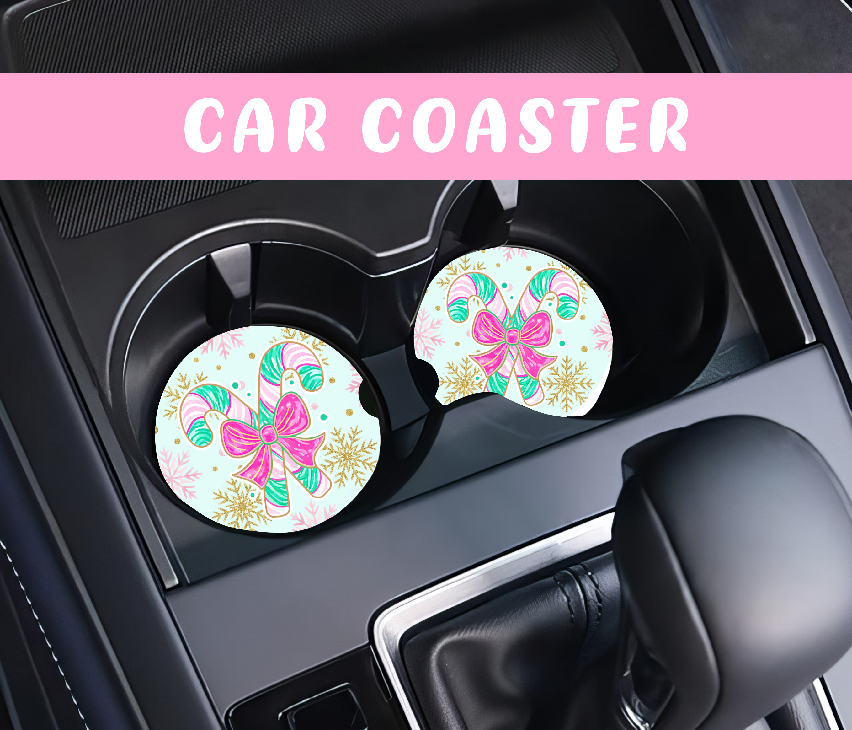 Candy Cane Bow Car Coasters | Pink Christmas Car Accessories | Holiday Sublimation Cup Holder Coaster Set | Cute Car Gift