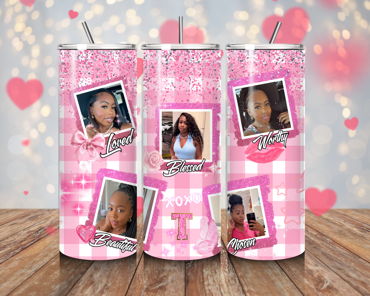 20oz Personalized Valentine Photo Tumbler | Pink Glitter Affirmation Cup | Custom Self Love Skinny Tumbler w/ Straw | Gift for Her