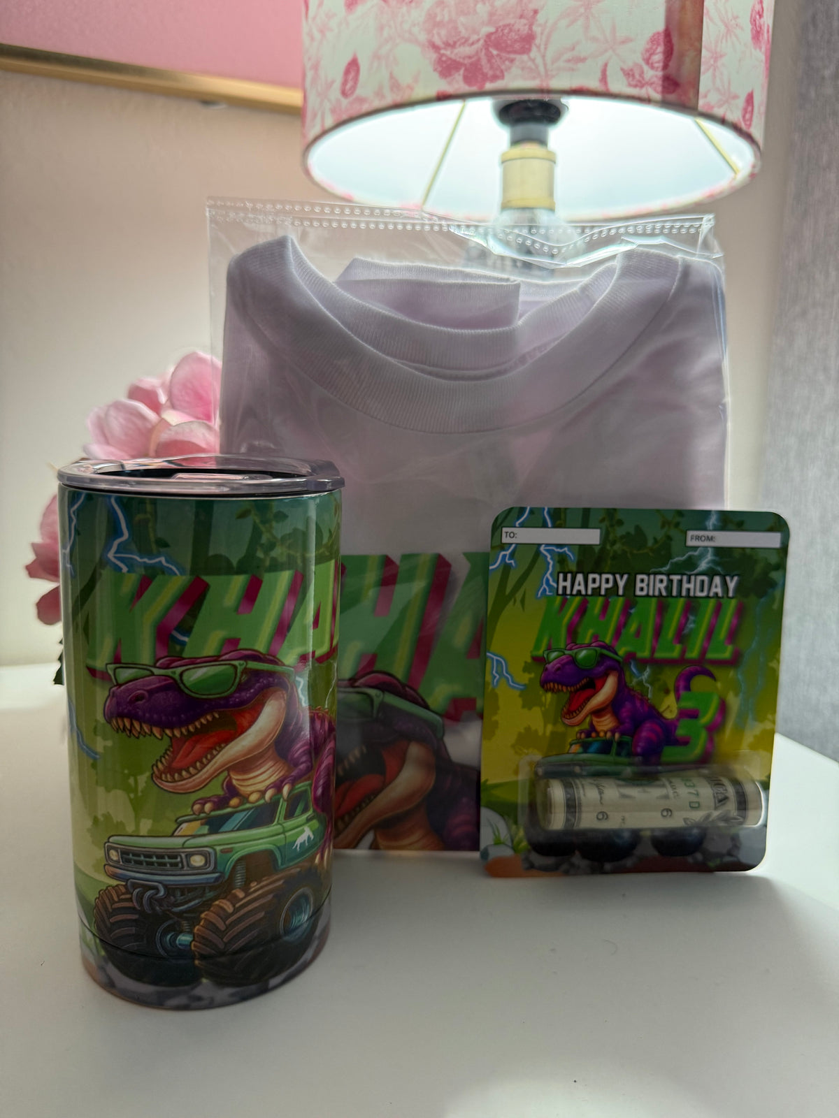 Personalized Dinosaur Birthday Gift Set | Custom Kids Shirt, Tumbler & Birthday Card | Dino Monster Truck Theme | Name & Number Editable