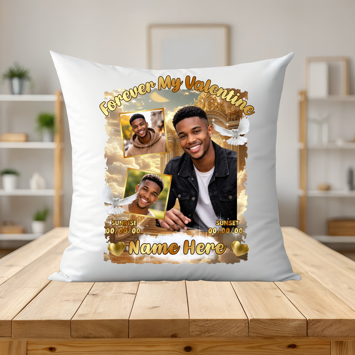 Forever My Valentine Memorial Photo Collage Pillow • Personalized Gold Remembrance Cushion • Custom 3-Photo Tribute Gift • Sunrise Sunset Memorial Decor