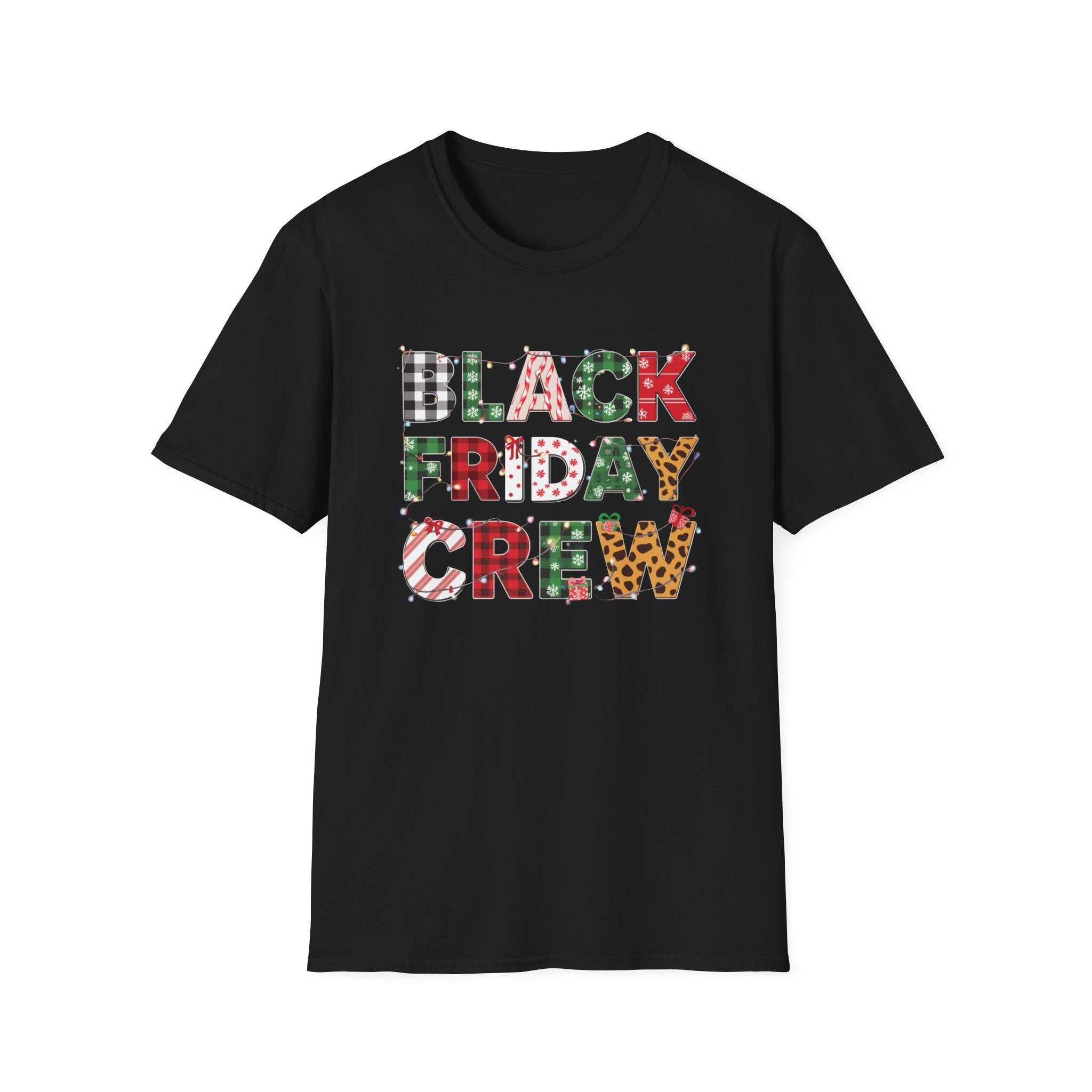 Black Friday Crew Christmas T-Shirt – Holiday Lights & Plaid Pattern Design