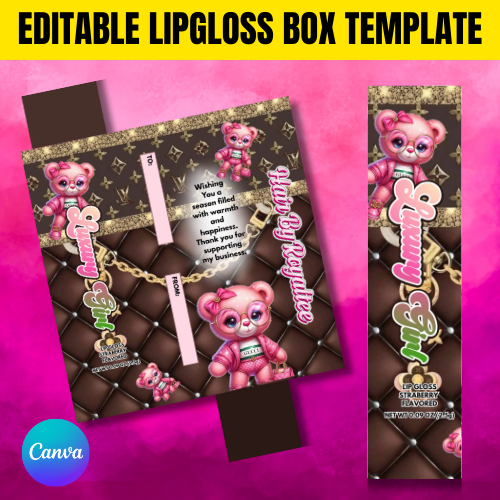 Glam Teddy Bear Lip Gloss Box Template – Editable Luxury Lip Gloss Packaging – Brown Designer Style Gloss Box – Canva Beauty Packaging Template