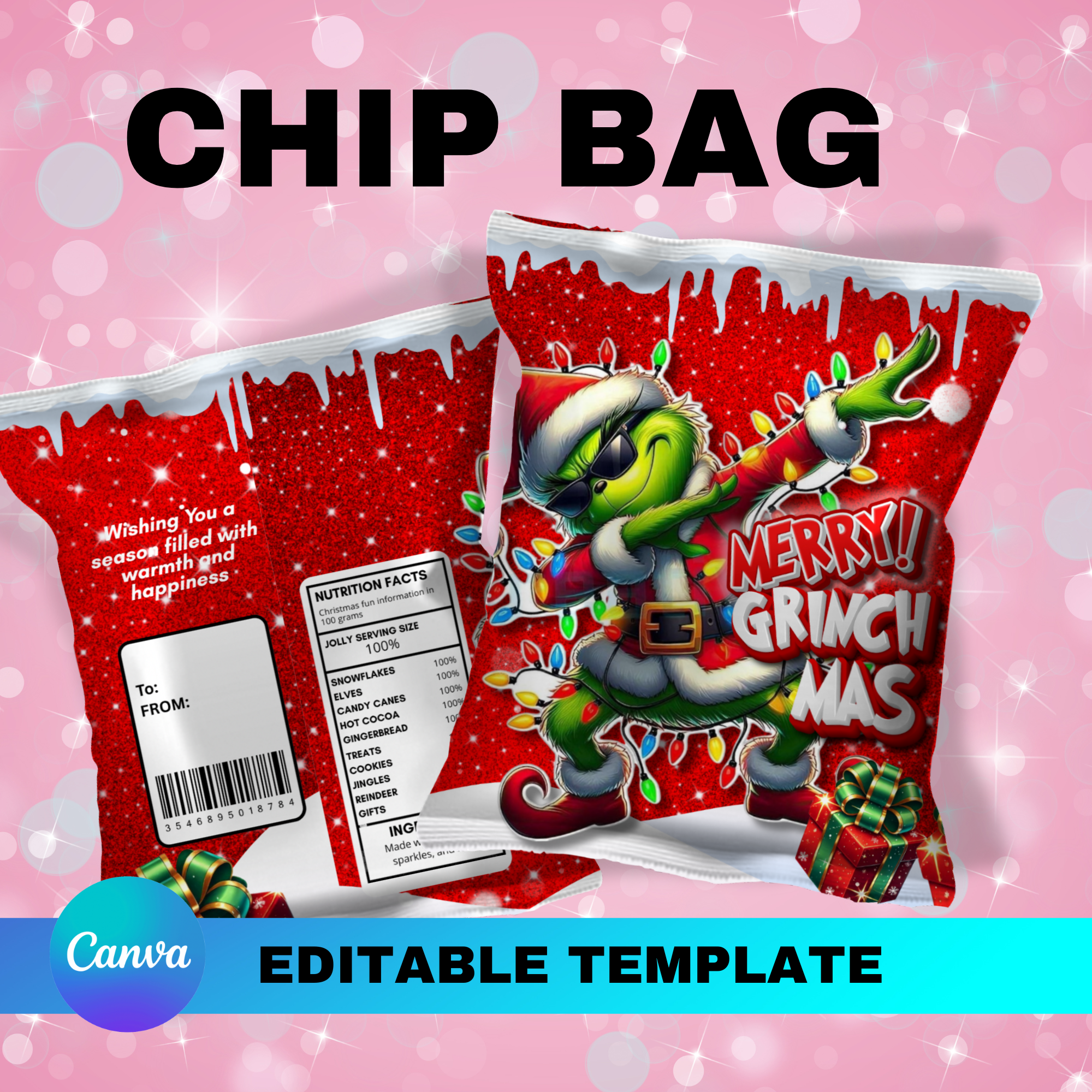 Cool Christmas Dab Chip Bag Template – Editable Canva Holiday Party Favor | Red Glitter Christmas Snack Bag | Printable Kids Treat Bag