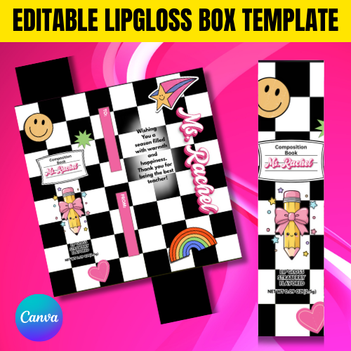 Teacher Lip Gloss Box Template – Editable Checkerboard Lip Gloss Packaging – Back to School Teacher Gift Box – Canva Lip Gloss Template