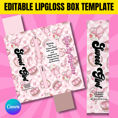 Sweet Girl Lip Gloss Box Template – Editable Candy Aesthetic Lip Gloss Packaging – Pink Ribbon Lipstick Box – Canva Beauty Packaging Template