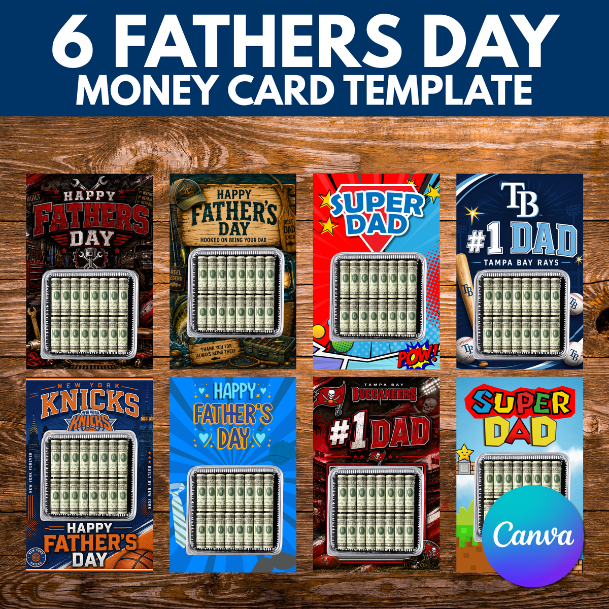 6 Father's Day Money Card Templates for Canva | Editable Gift Card Holder Bundle | DIY Cash Gift Printable | Instant Download