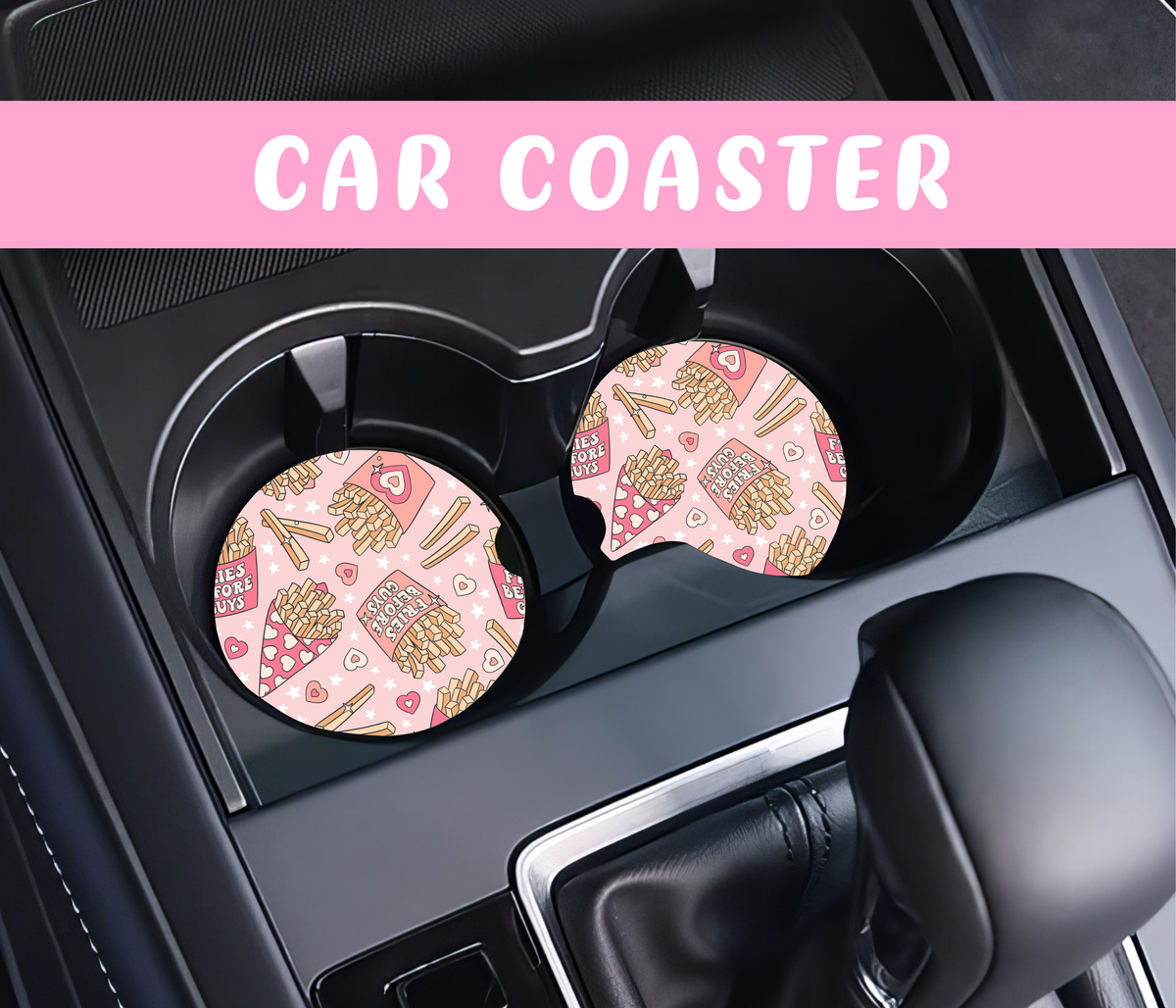 Cute Pink Car Coasters | Fries & Hearts Neoprene Car Coasters | Girly Car Accessories | Absorbent Cup Holder Coasters