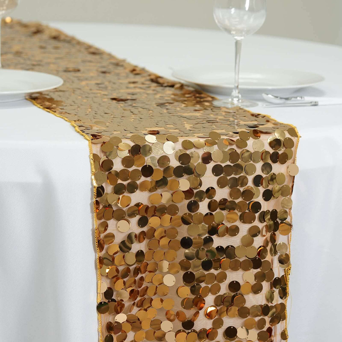 RENT Gold Sequin Table Runner 12x108 in • Glam Party Table Decor • Wedding Reception Runner • Birthday, Baby Shower & Event Decoration • Glitter Table Linen