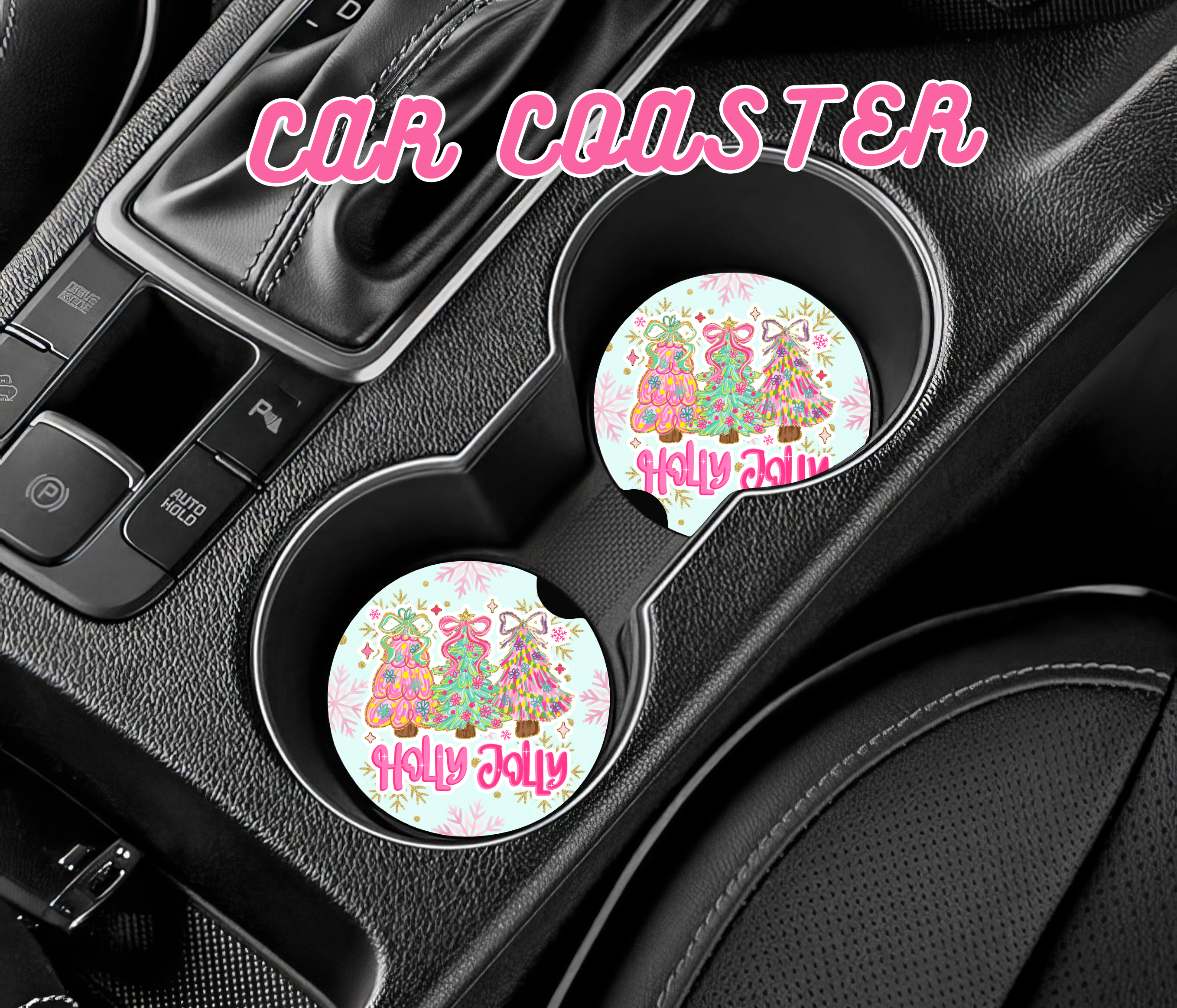 Holly Jolly Car Coasters | Colorful Christmas Tree Car Accessories | Holiday Sublimation Cup Holder Coaster Gift Set