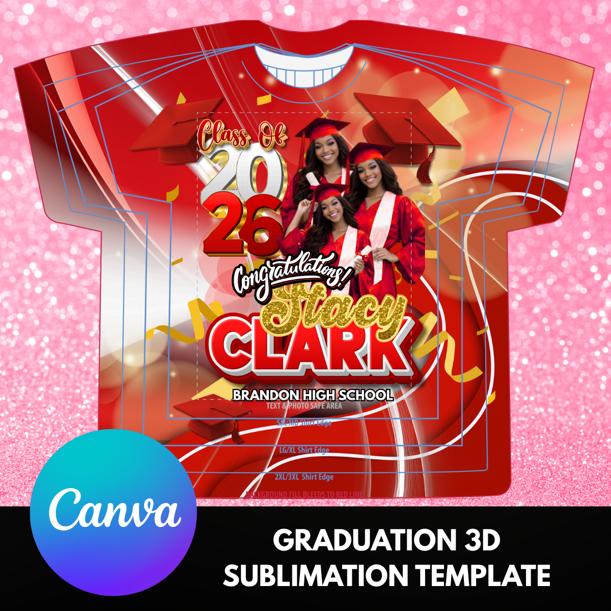 Red Graduation 3D Shirt Template Canva | Class of 2026 Sublimation Design | Editable Senior Photo T-Shirt | All-Over Print Graduation Template
