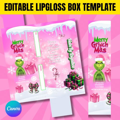 Editable Christmas Lip Gloss Box Template – Pink Holiday Packaging for Small Businesses – Canva Lipstick Box Template – Printable Beauty Product Packaging