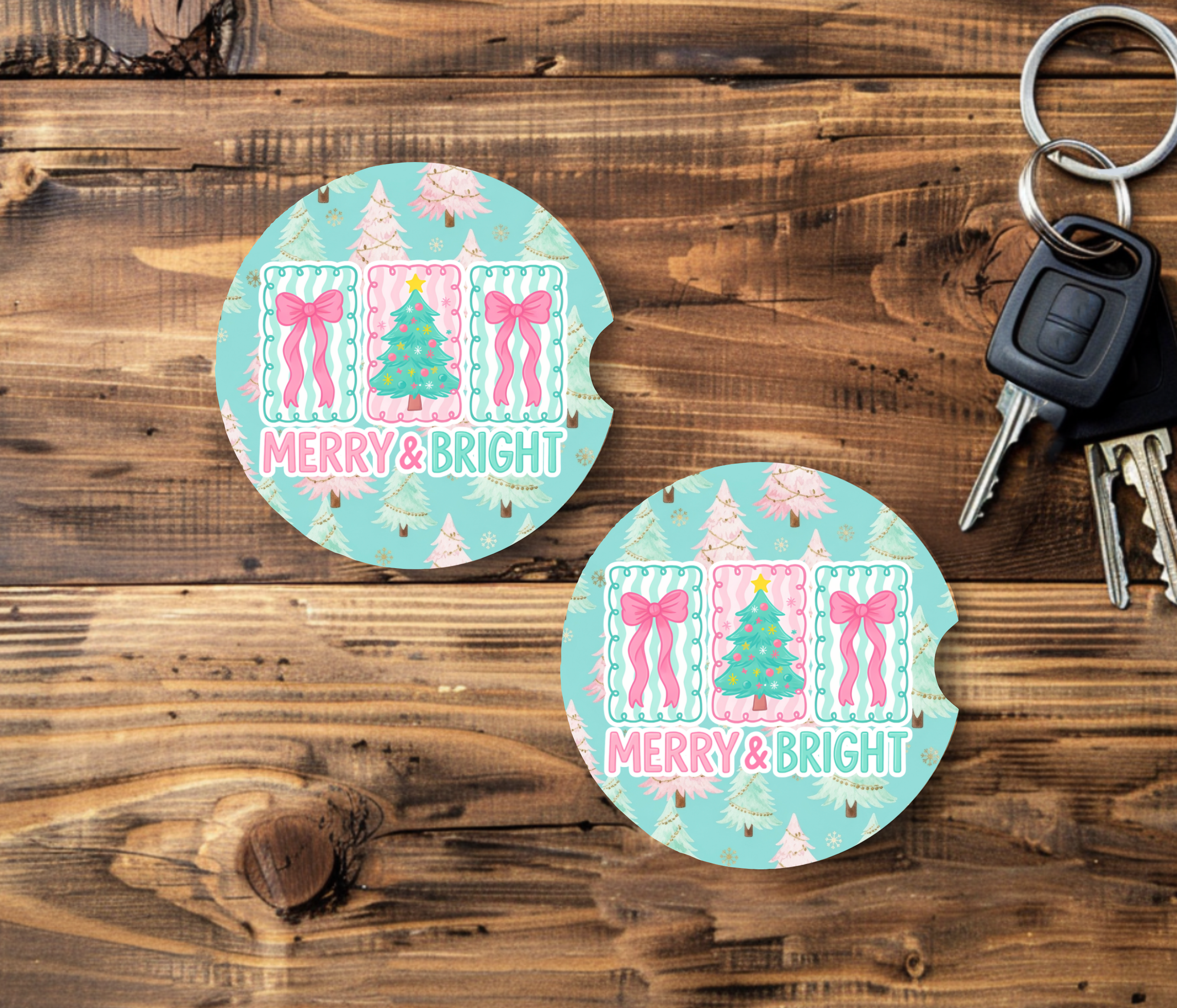 Merry & Bright Car Coasters | Pink Christmas Car Accessories | Sublimation Cup Holder Coaster Set | Holiday Gift Idea