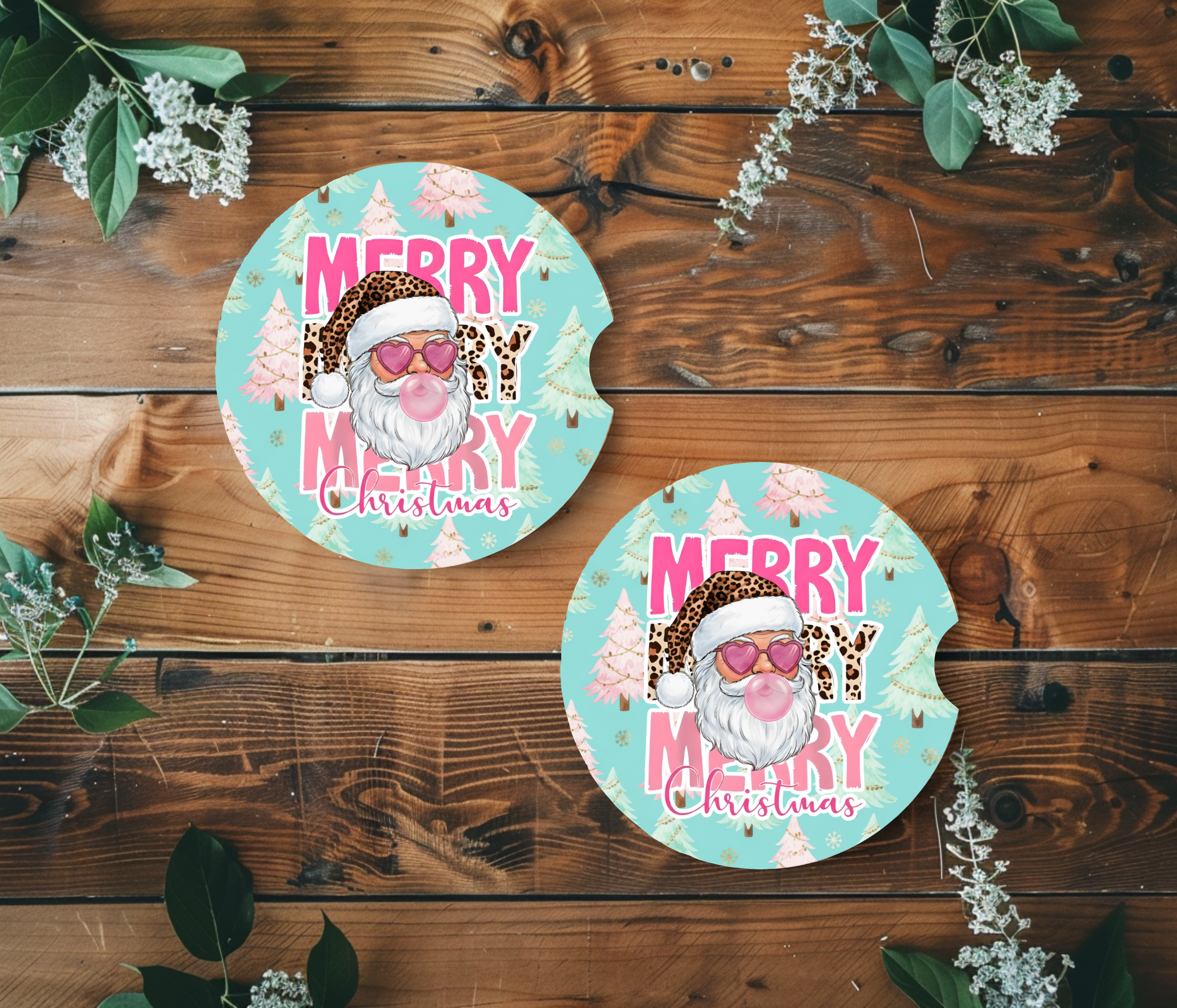 Merry Christmas Car Coasters | Leopard Santa Car Accessories | Sublimation Coaster Gift Set | Trendy Holiday Car Décor