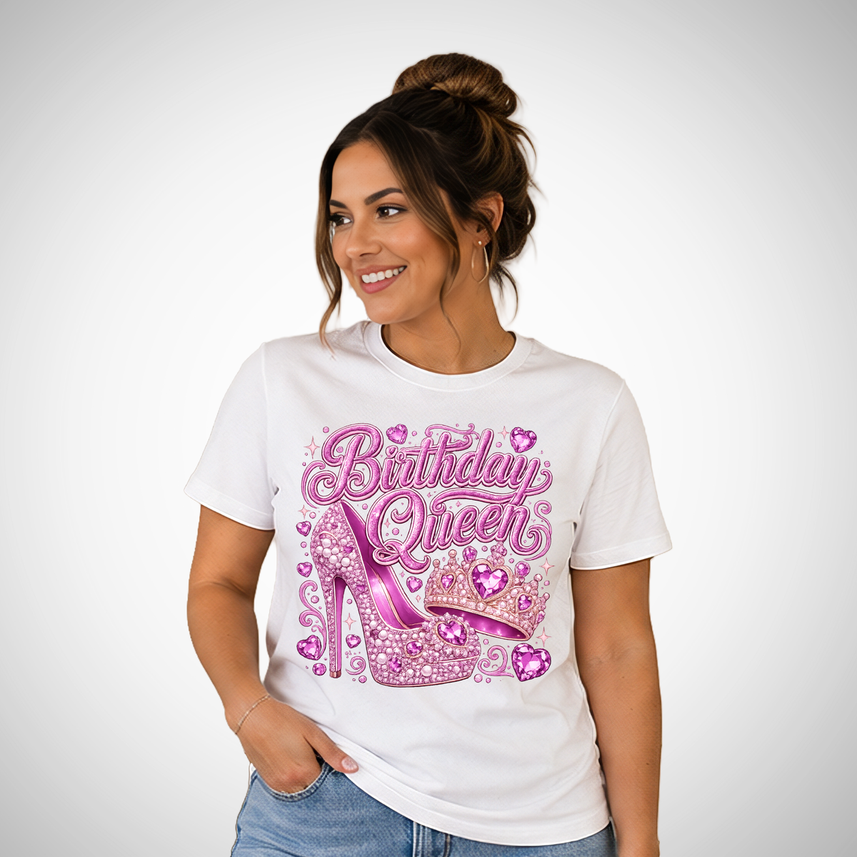 Birthday Queen Pink Heart Gem Heel Tee