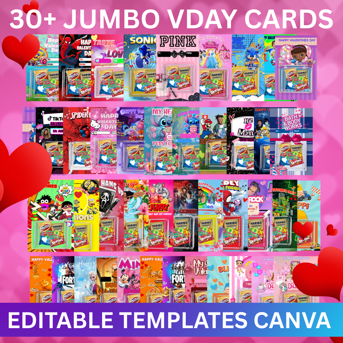 Editable Valentine Card Templates for Canva | 30+ Jumbo 11x17 Designs | Instant Download Classroom Valentines