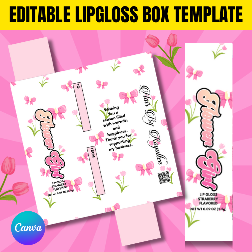 Flower Girl Lip Gloss Box Template – Editable Tulip & Bow Lip Gloss Packaging – Pink Floral Lipstick Box – Canva Beauty Packaging Template