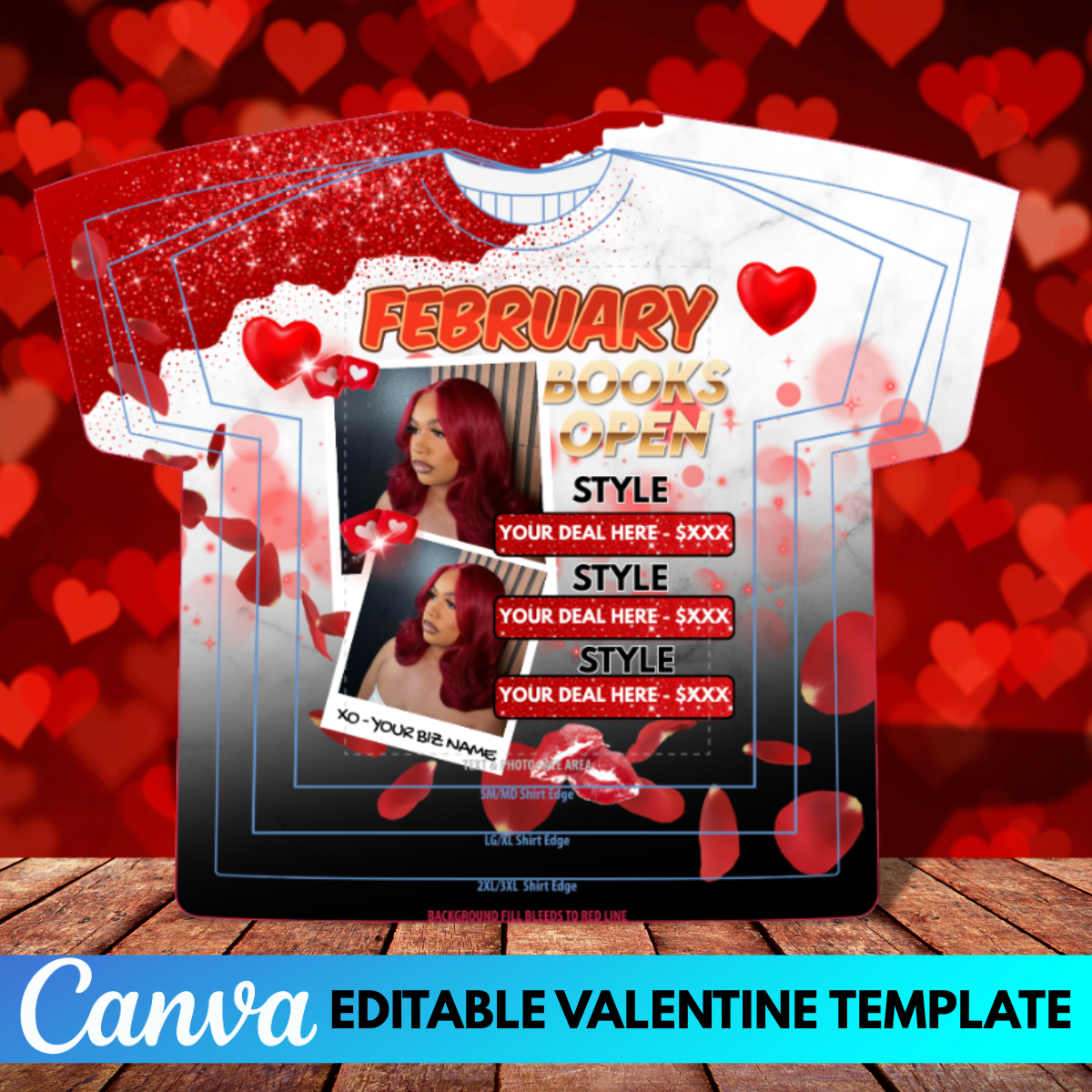 February Books Open Shirt Design | Valentine Stylist Pricing Template | Canva Editable Hair Business Shirt | Sublimation Marketing Design