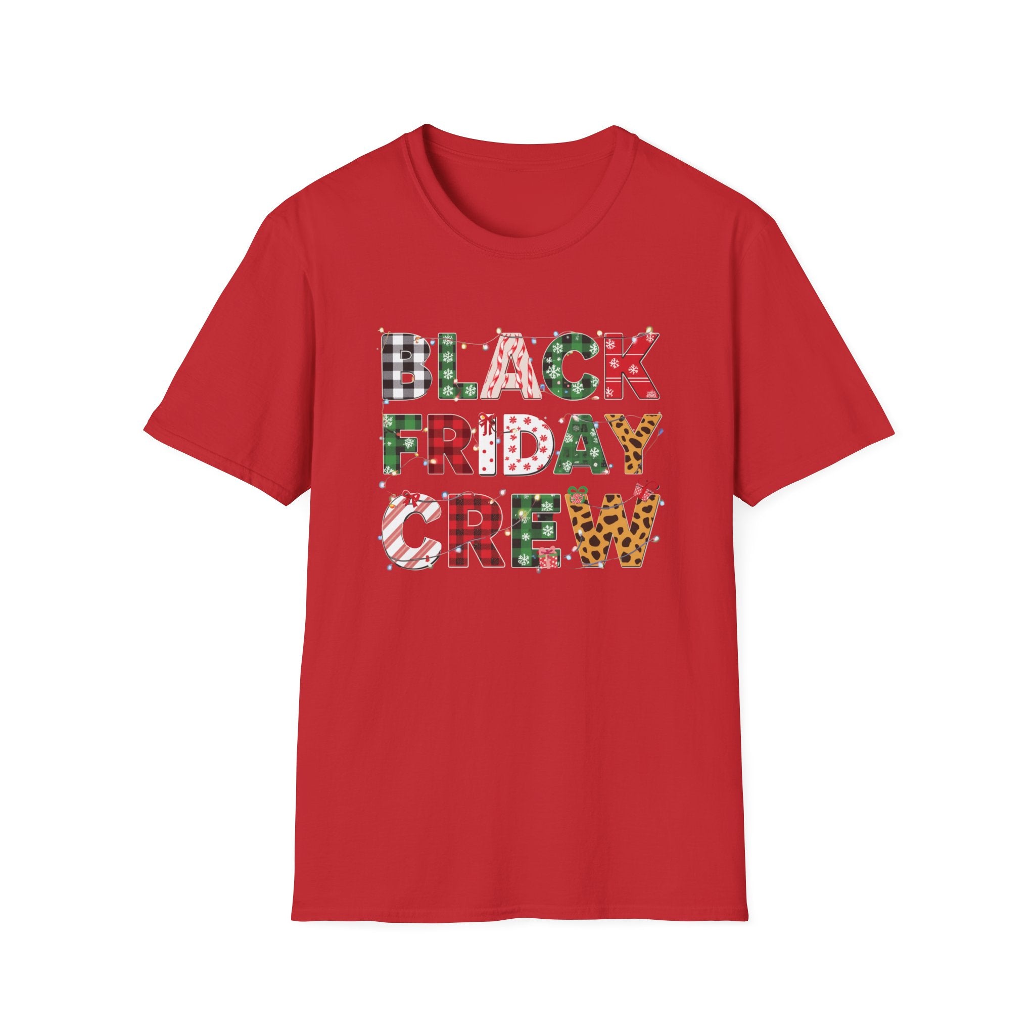 Black Friday Crew Christmas T-Shirt – Holiday Lights & Plaid Pattern Design