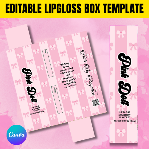 Pink Doll Lip Gloss Box Template – Editable Bow Stripe Lip Gloss Packaging – Pink Aesthetic Lipstick Box – Canva Beauty Packaging Template
