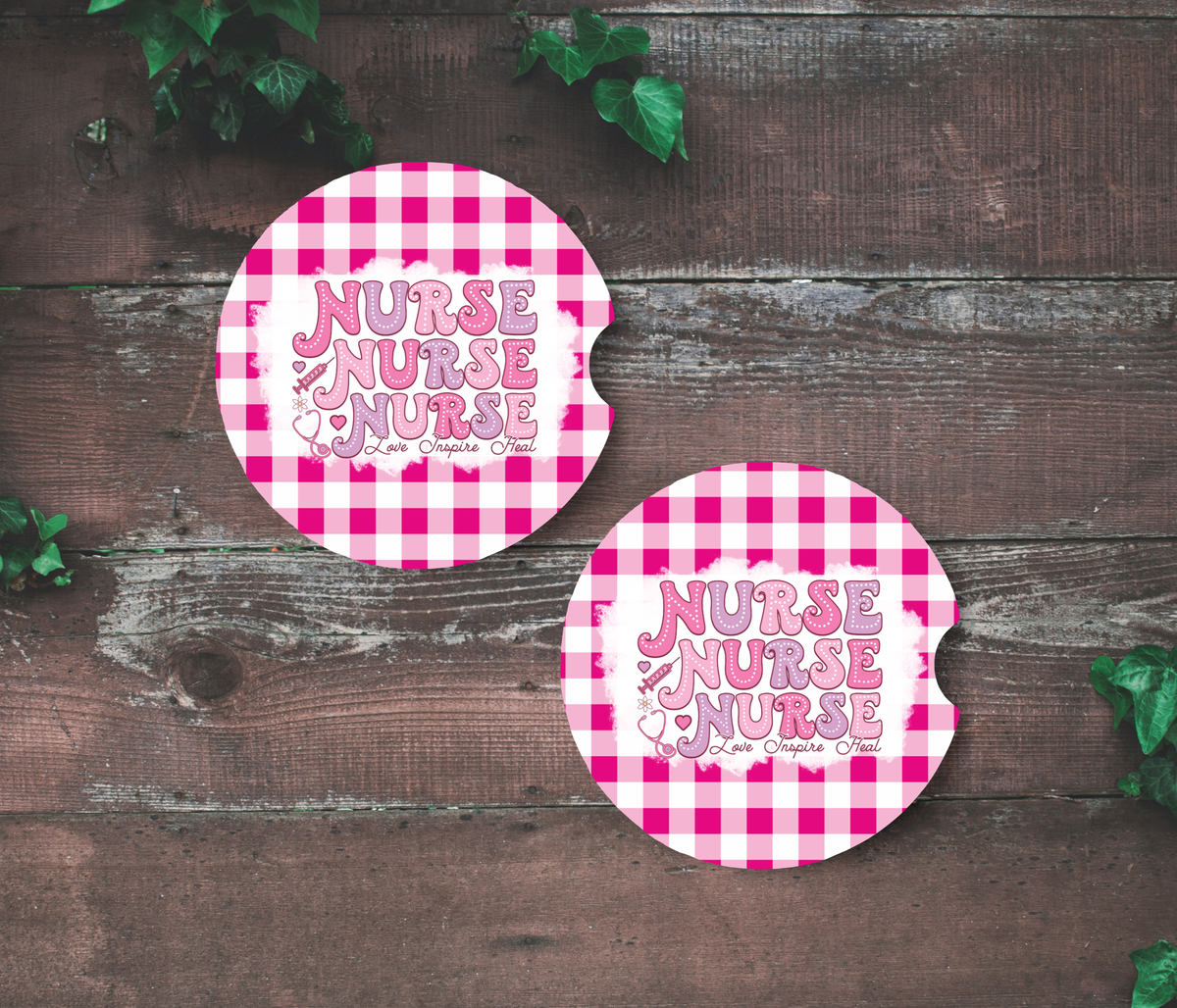 Nurse Car Coasters | Pink Gingham Neoprene Car Coasters | Nurse Gift | Absorbent Cup Holder Coasters