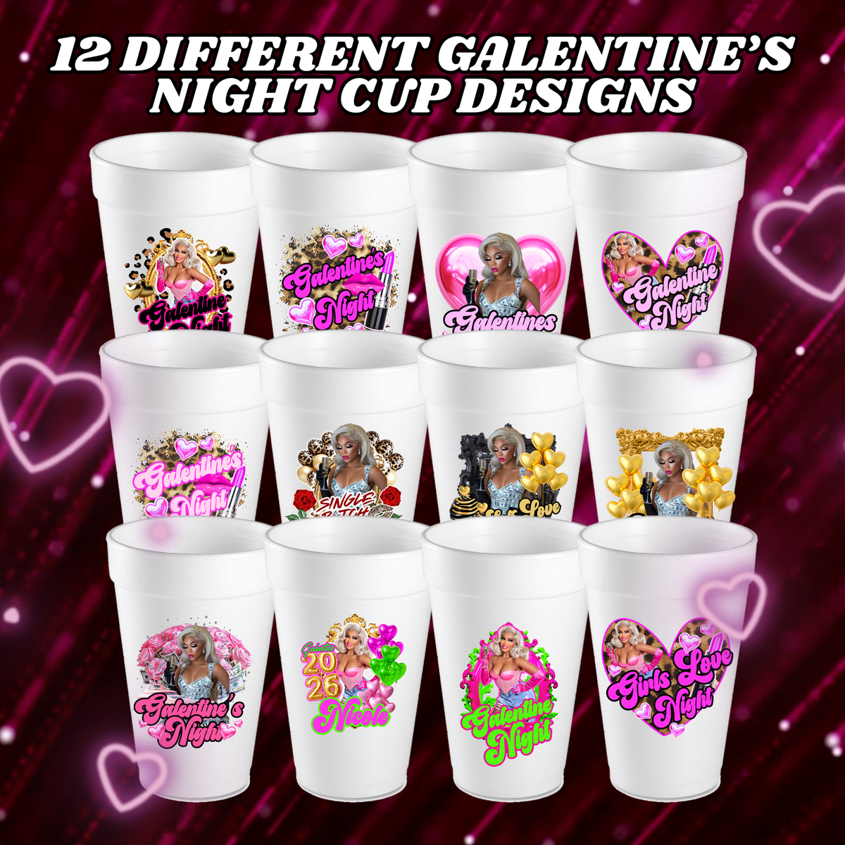 12 Galentine’s Night Cup Canva Templates | Editable Cup Designs | Girls Night Party Cups | Digital Download | Galentines SVG PNG Style