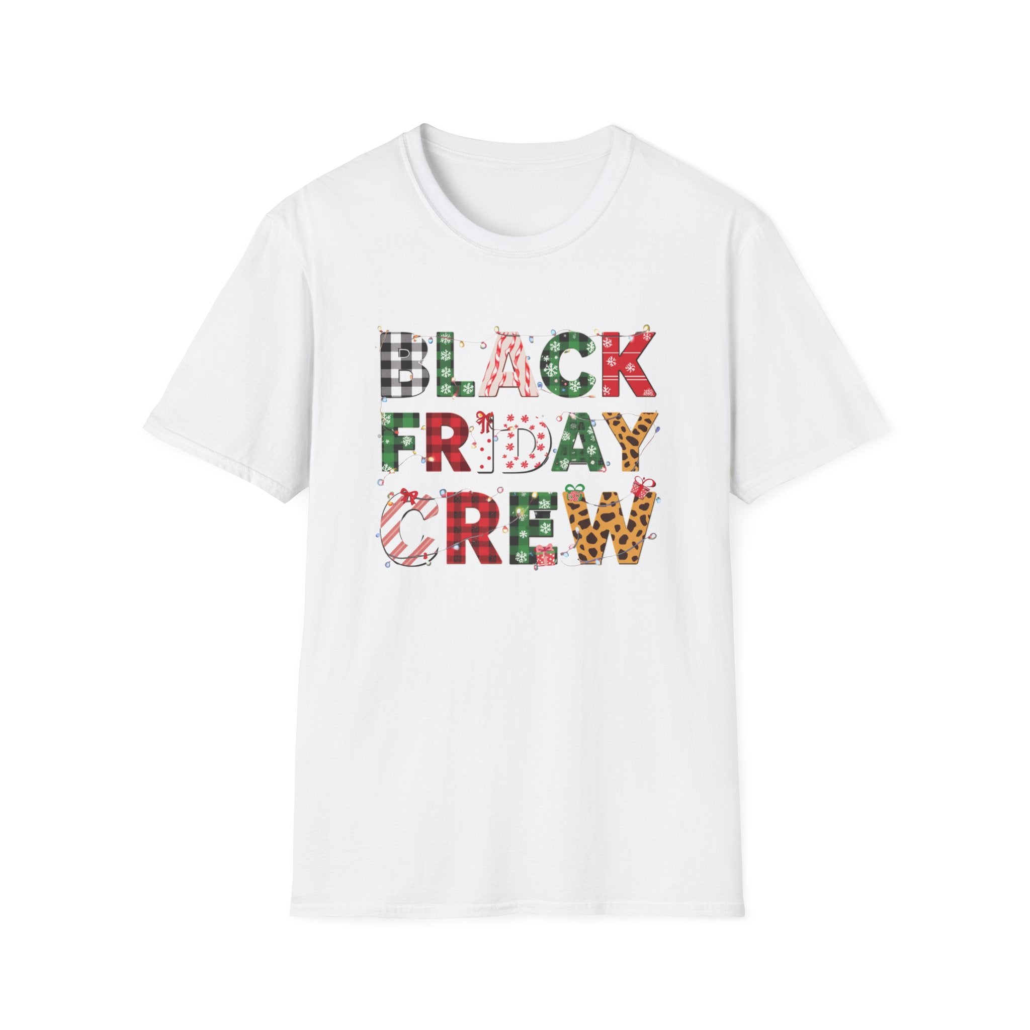 Black Friday Crew Christmas T-Shirt – Holiday Lights & Plaid Pattern Design