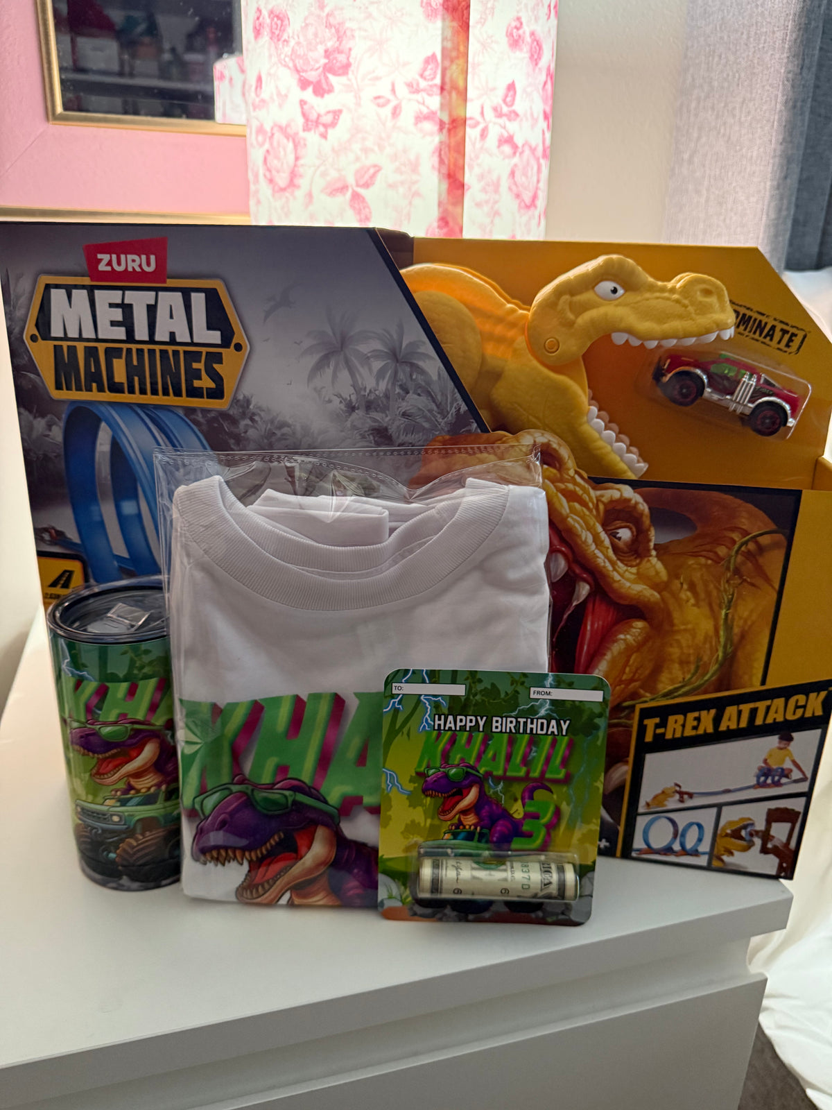 Personalized Dinosaur Birthday Gift Set | Custom Kids Shirt, Tumbler & Birthday Card | Dino Monster Truck Theme | Name & Number Editable