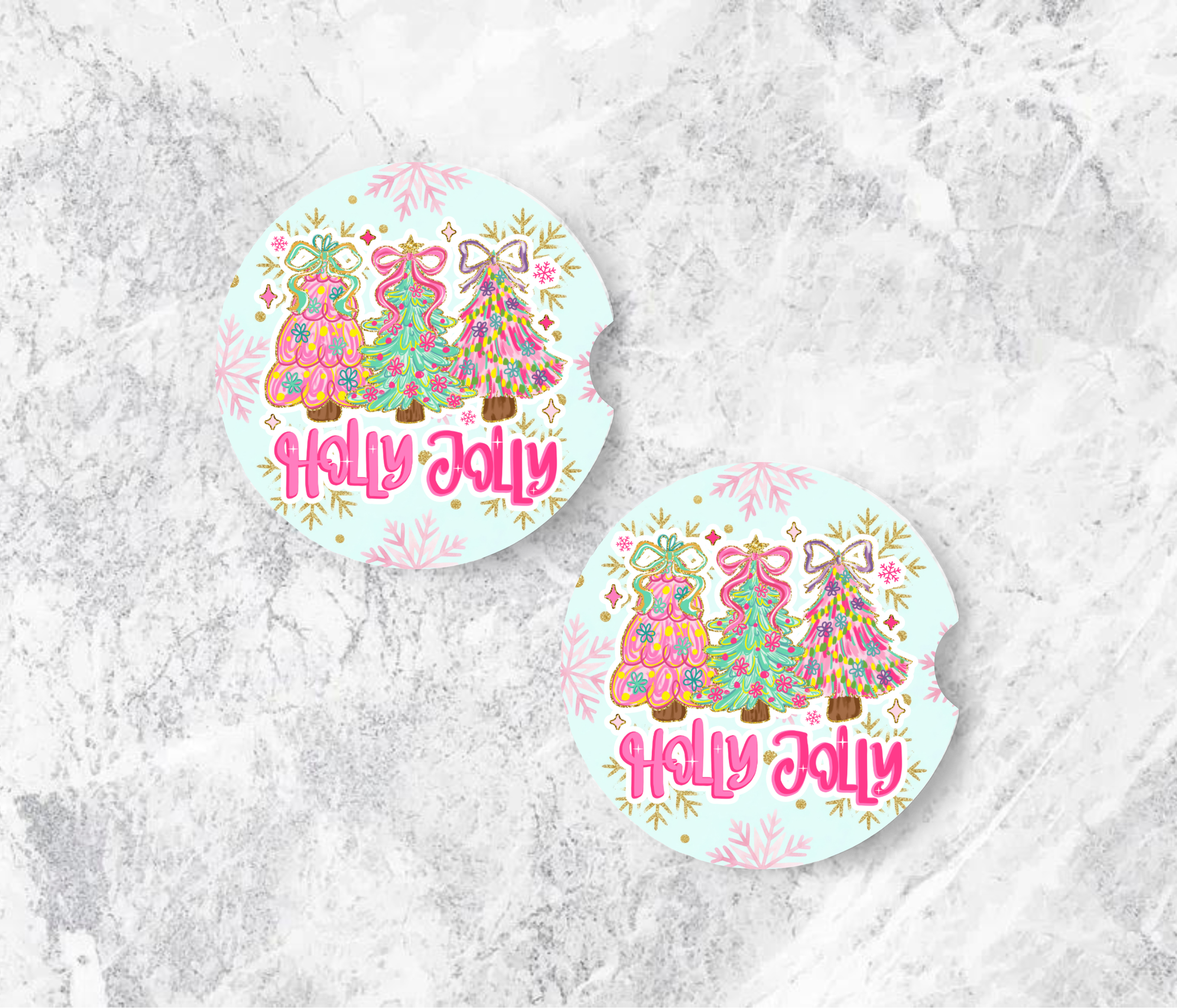 Holly Jolly Car Coasters | Colorful Christmas Tree Car Accessories | Holiday Sublimation Cup Holder Coaster Gift Set