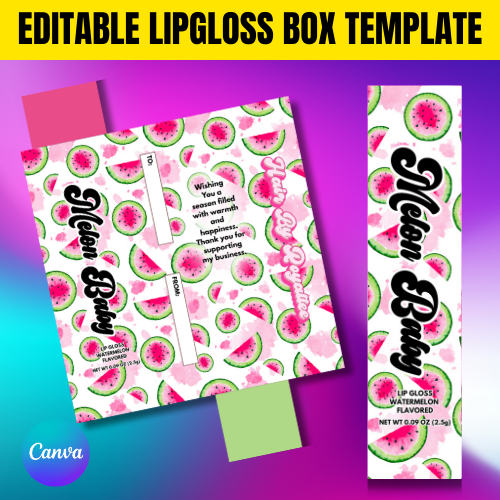 Watermelon Lip Gloss Box Template – Editable Pink Fruit Lip Gloss Packaging – Summer Gloss Box – Canva Beauty Packaging Template