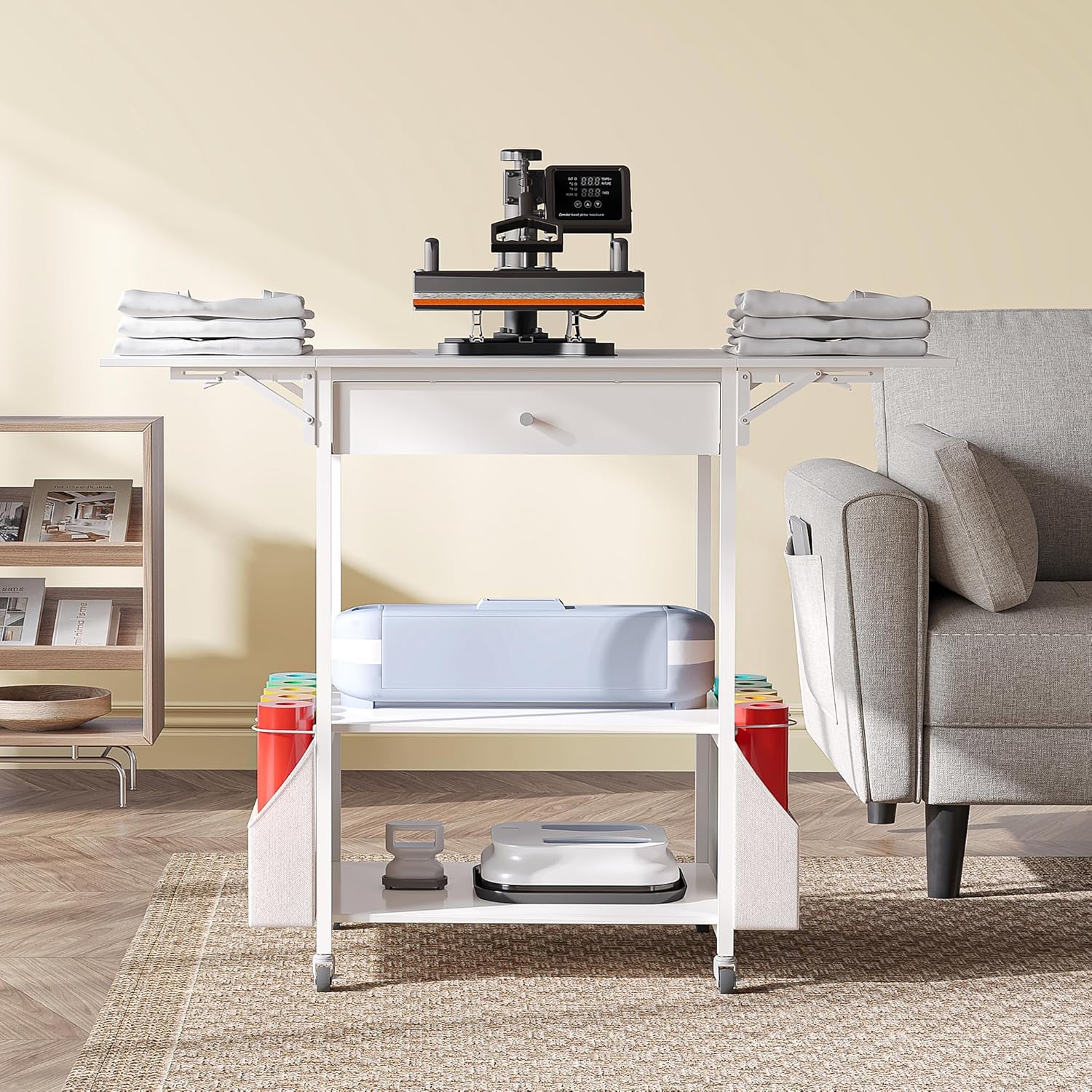 𝐂𝐫𝐚𝐟𝐢𝐭 Foldable Heat Press Table—Hold 36 Vinyl Rolls, Movable Heat Press Stand Cart with Storage Bag, Collapsible Heavy Duty Workbench for Sublimation, T-Shirts and Caps Heat Transfer Project