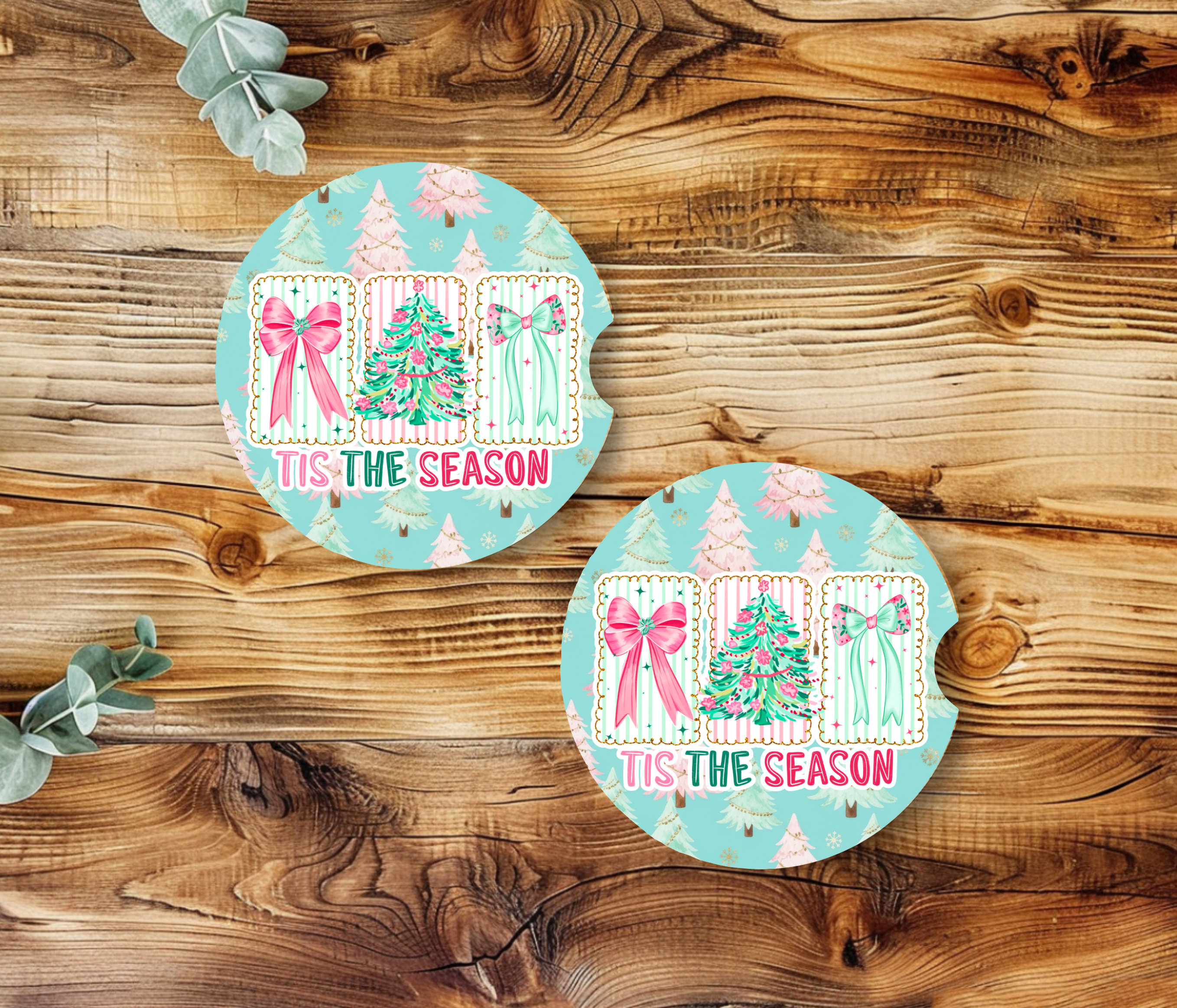 Tis the Season Car Coasters | Pink Christmas Car Accessories | Holiday Sublimation Cup Holder Coaster Gift Set