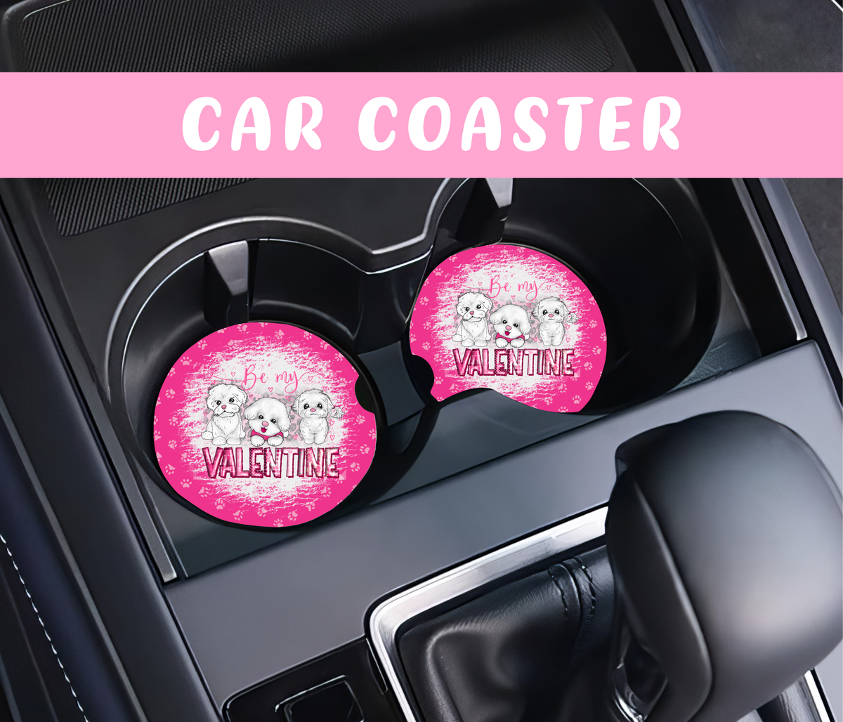 Be My Valentine Car Coasters | Puppy Valentine Neoprene Car Coasters | Valentine Car Accessories | Cute Cup Holder Coasters
