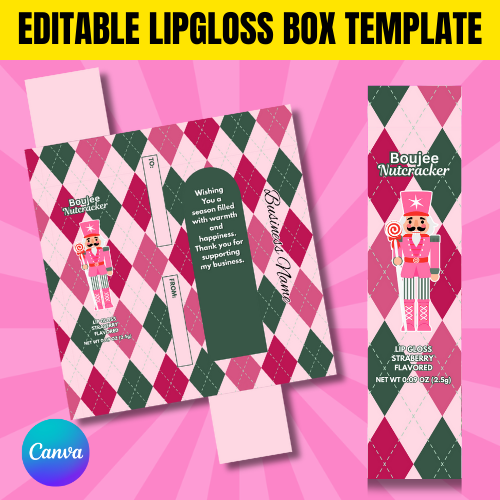 Boujee Nutcracker Lip Gloss Box Template – Editable Christmas Lip Gloss Packaging – Argyle Holiday Lipstick Box – Canva Beauty Packaging Template