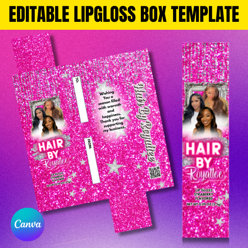 Pink Glitter Lip Gloss Box Template – Editable Glitter Lip Gloss Packaging – Custom Beauty Brand Lipstick Box – Canva Lip Gloss Packaging Template