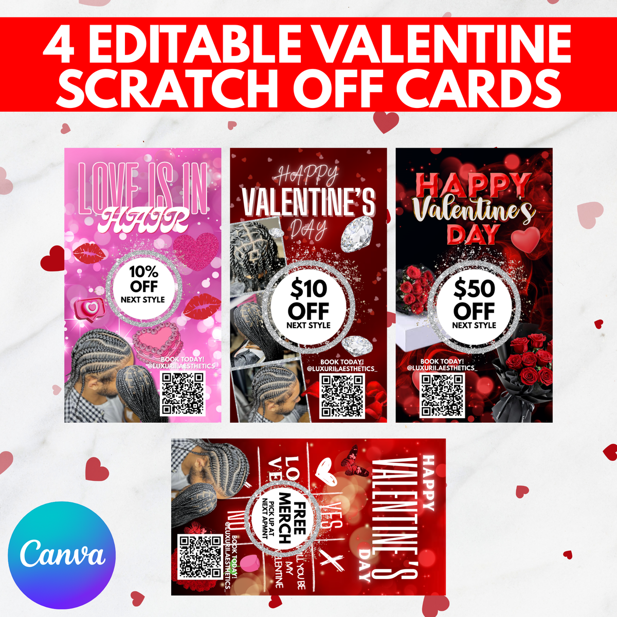 Editable Valentine Scratch Off Cards Canva Template | Valentine’s Day Promo Cards | Beauty Business Marketing | Discount Scratch Cards | Instant Download
