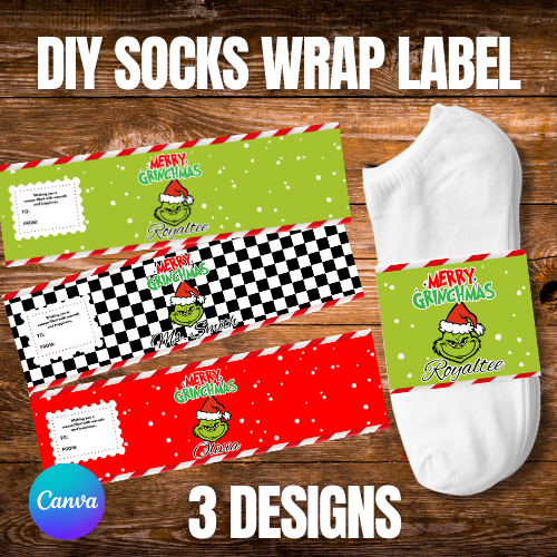 Christmas Sock Wrap Template – Editable Holiday Gift Label – Snowy Winter Sock Sleeve – Canva Design