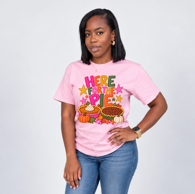 Here For The Pie Thanksgiving Shirt | Cute Pink Fall Graphic Tee