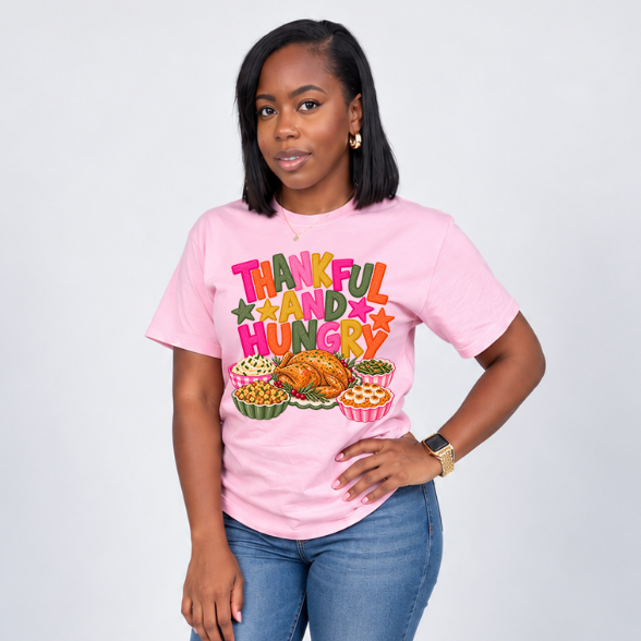 Thankful And Hungry Thanksgiving Shirt | Pink Turkey Day Graphic Tee