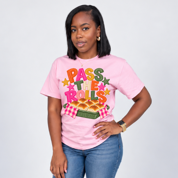 Pass The Rolls Thanksgiving Shirt | Cute Pink Fall Graphic Tee