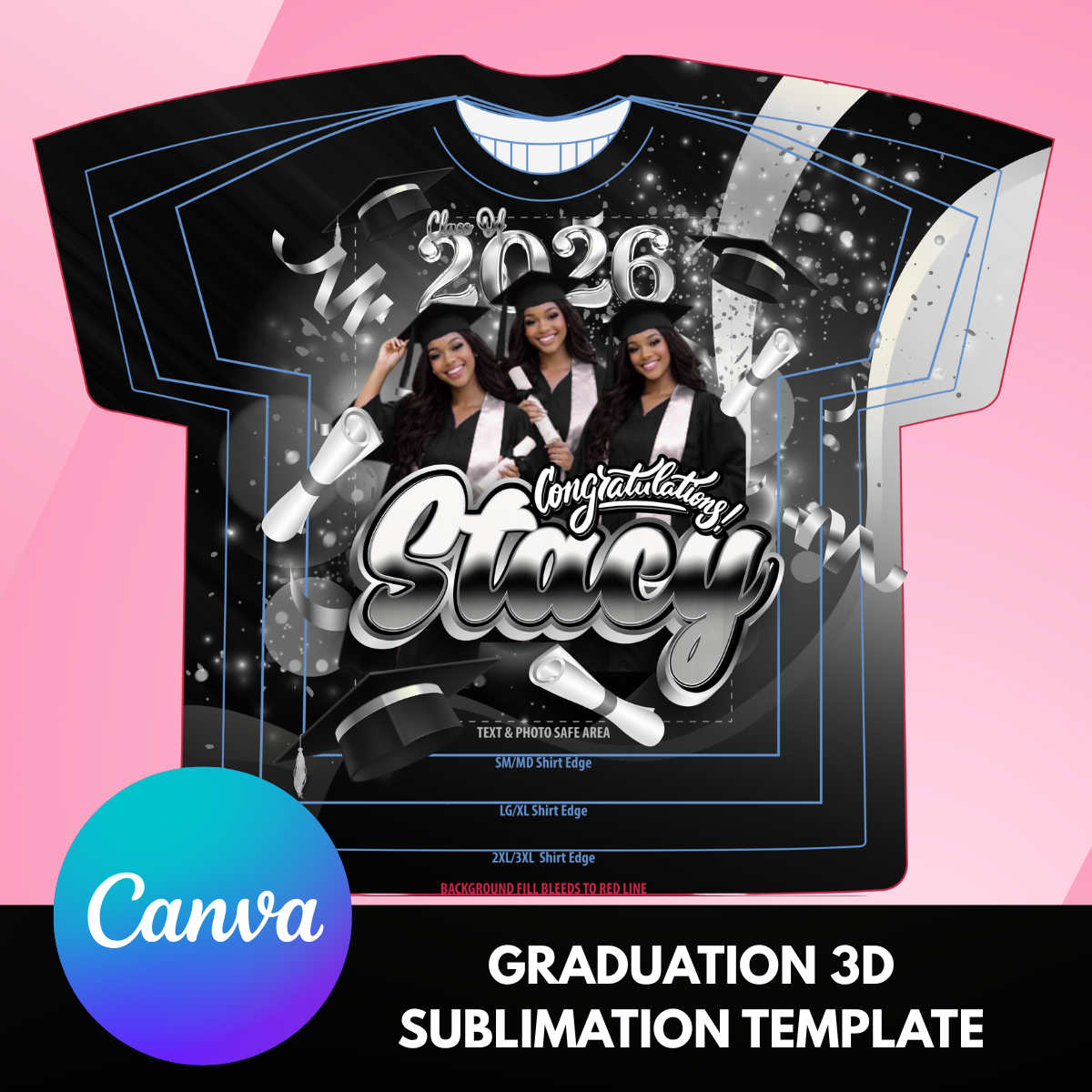 Black & Silver 3D Graduation Shirt Canva Template | Class of 2026 Sublimation Design | Editable Senior Photo Shirt | All-Over Print Template