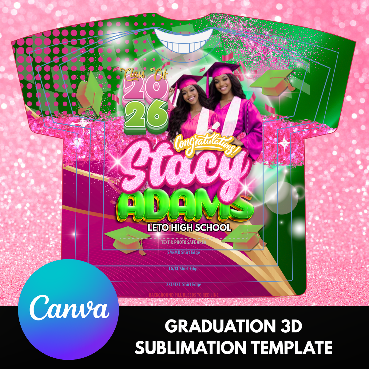 Pink & Green Glitter Graduation Canva Template | Class of 2026 3D Subl ...