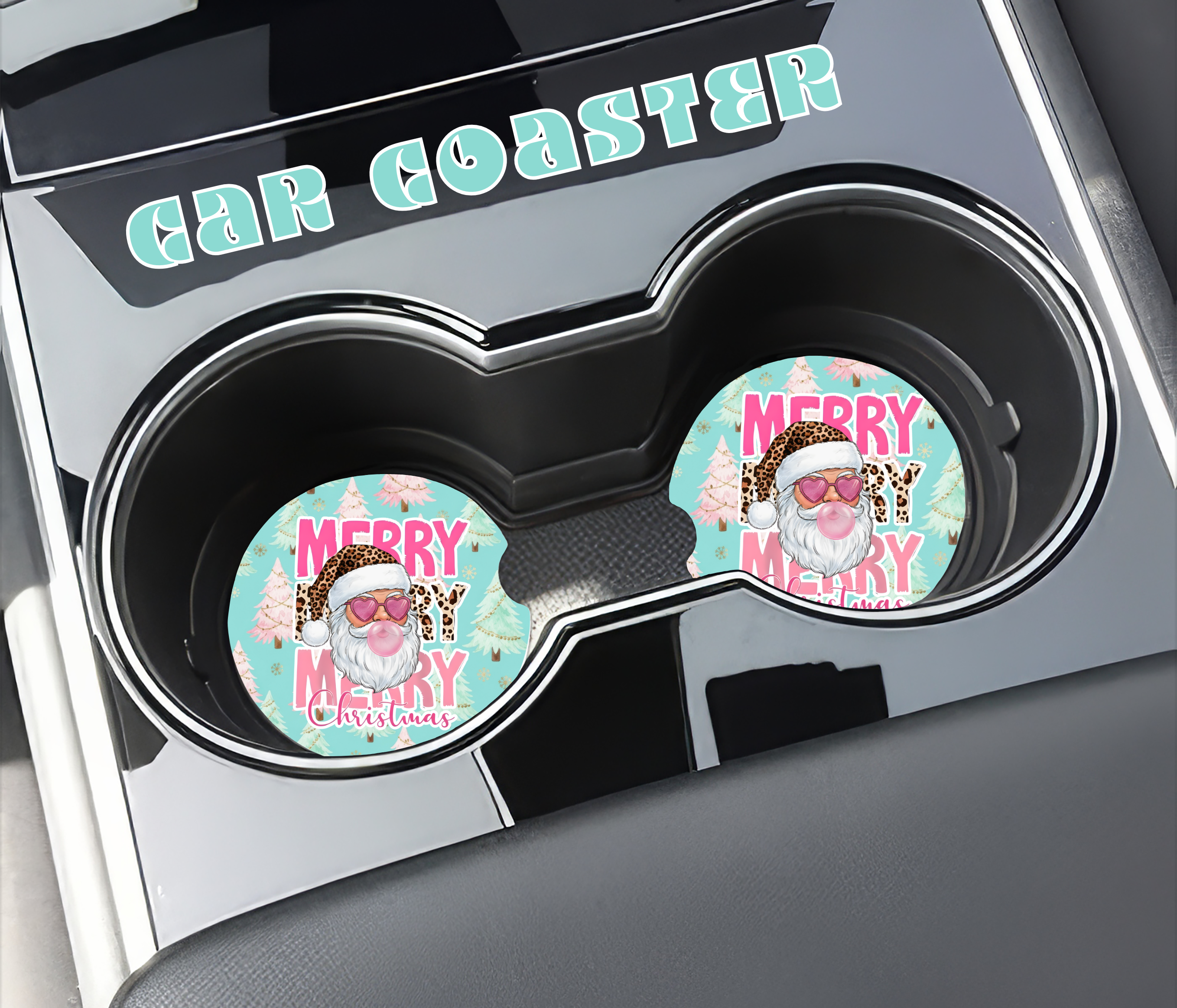 Merry Christmas Car Coasters | Leopard Santa Car Accessories | Sublimation Coaster Gift Set | Trendy Holiday Car Décor