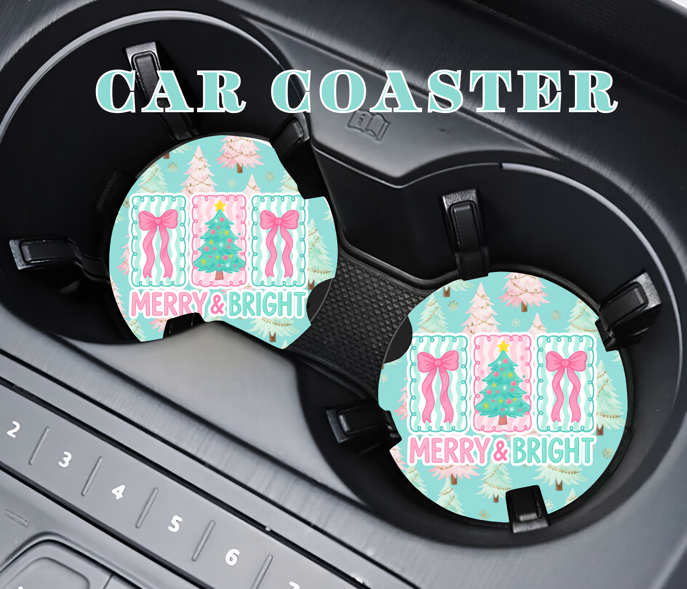 Merry & Bright Car Coasters | Pink Christmas Car Accessories | Sublimation Cup Holder Coaster Set | Holiday Gift Idea